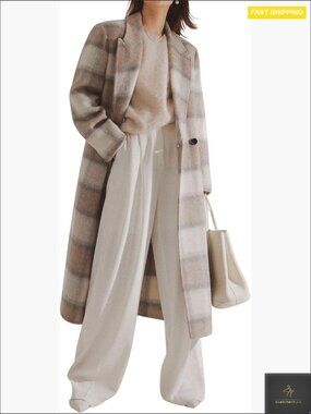 Elegant Plaid Wool Pea Coat Double Breasted Trench Coat Retro Chic